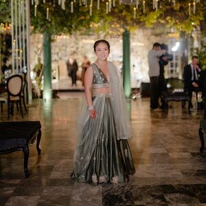 Olive Green Embroidered Satin Lehenga